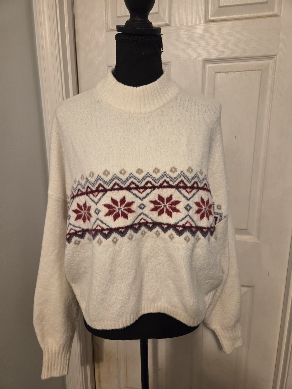 Hollister Ivory Fair Isle Mock Neck Sweater with Red Accents
